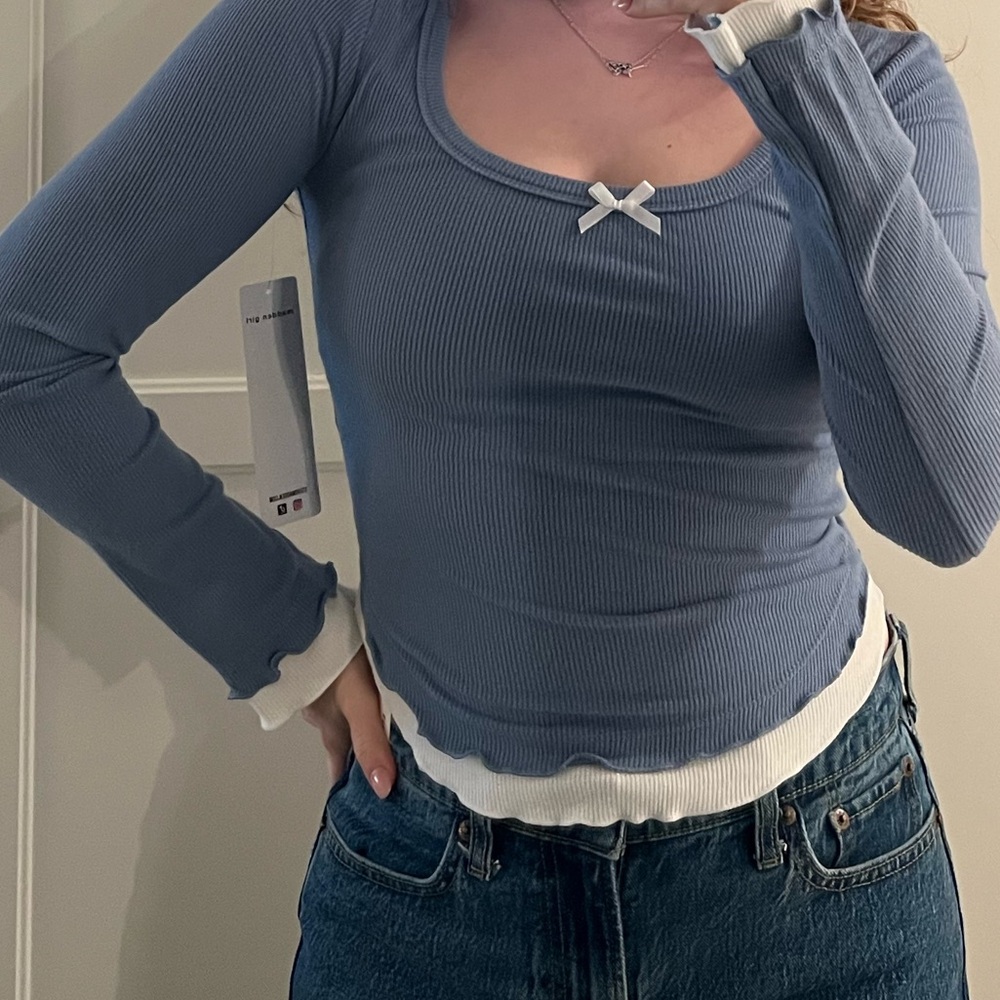 Madden Girl Dusty Blue Ribbed Long Sleeve Top with White Trim and Bow